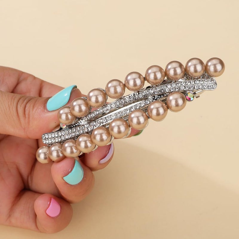 Chargances Vintage Pearl Hair Clips Rhinestone Hair Barrette French Crystal Double Clasp Barrette Decorative Wedding Bridal Hair Accessories for Women Girls (Champagne) - Image 1