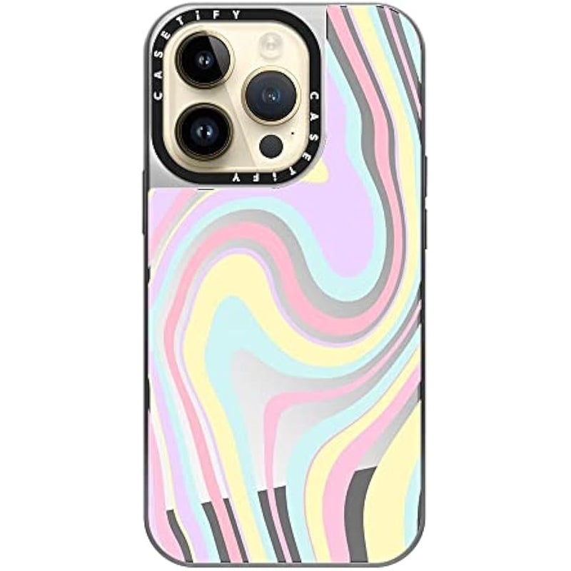 Casetify Mirror Case for iPhone 14 Pro Compatible with Magsafe - Unicorn Pastel Candy Swirls - Silver on Silver - Image 4