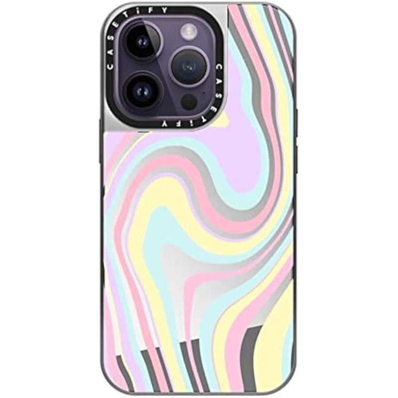 Casetify Mirror Case for iPhone 14 Pro Compatible with Magsafe - Unicorn Pastel Candy Swirls - Silver on Silver - Image 1