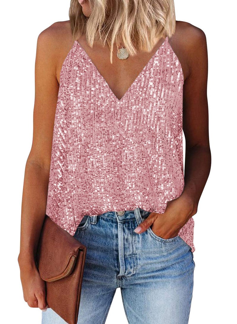 miduo Women's Tank Tops Spring Sparkle Sequin Tops Racerback V Neck Halter Camisole Shirts Sequin Tanks Tops Sleeveless Blouses for Party Pink L - Image 1