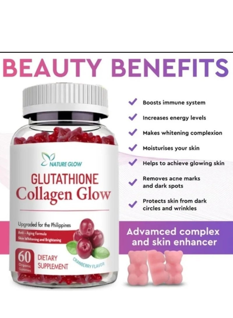 ناشر جلو كولاجين التوت البري المتوهج الطبيعي مع علكات الجلوتاثيون والفيتامينات علكات تبييض البشرة ومضادة للشيخوخة، 60 علكة - Image 2