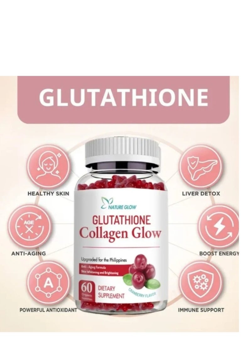 ناشر جلو كولاجين التوت البري المتوهج الطبيعي مع علكات الجلوتاثيون والفيتامينات علكات تبييض البشرة ومضادة للشيخوخة، 60 علكة - Image 4