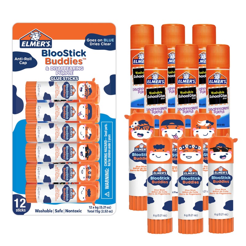 Elmers Glue Sticks Combo Pack BlooStick Buddies Disappearing Purple 6 Grams 12 Count Kids School Supplies Arts Crafts 1 Teacher Brand