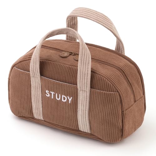 EASTHILL Corduroy Hand-held Pencil Case Large Cute Pencil Pouch Stationery Pen Bag for Teen Girls-Brown - Image 1