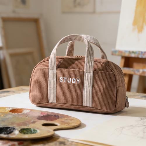 EASTHILL Corduroy Hand-held Pencil Case Large Cute Pencil Pouch Stationery Pen Bag for Teen Girls-Brown - Image 5