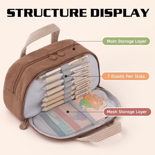 EASTHILL Corduroy Hand-held Pencil Case Large Cute Pencil Pouch Stationery Pen Bag for Teen Girls-Brown - Image 2