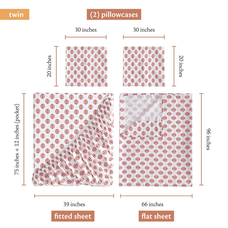 Indigo Ink Twin Size 3-Piece Sheet Set - Fitted & Flat Sheets & Pillowcase | Boho Medallion Pattern | Soft & Breathable | Durable & Wrinkle Resistant | Deep Pocket Sheets | Panther Collection, Spice - Image 4