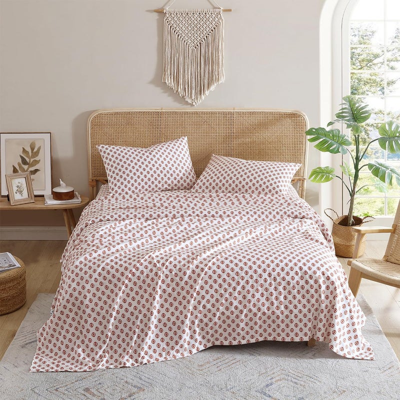 Indigo Ink Twin Size 3-Piece Sheet Set - Fitted & Flat Sheets & Pillowcase | Boho Medallion Pattern | Soft & Breathable | Durable & Wrinkle Resistant | Deep Pocket Sheets | Panther Collection, Spice - Image 1