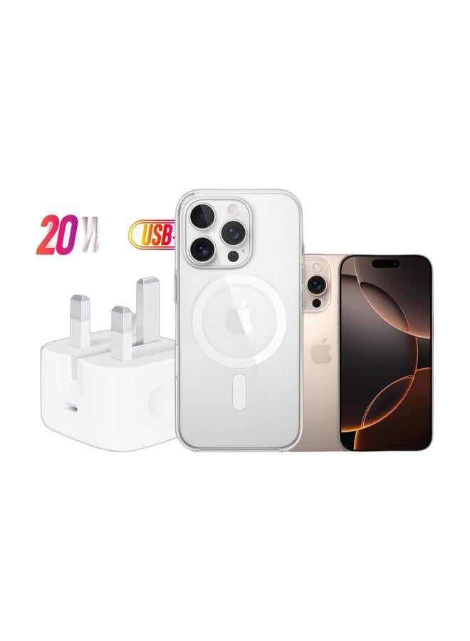 Apple iPhone 16 Pro 128GB Desert Titanium 5G With FaceTime - Middle East Version &,iPhone 16 Pro Case With MagSafe - Clear & 20W USB-C 3-Pin Power Adapter / Original iPhone Charger - White  - Image 1