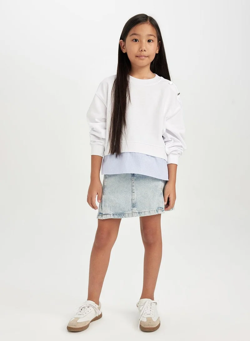DeFacto White Relax Fit Crew Neck Button Detail Sweatshirt