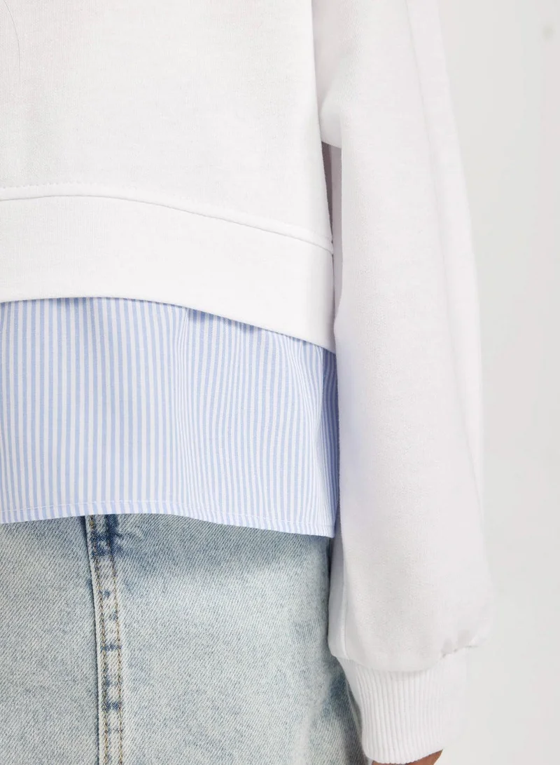 DeFacto White Relax Fit Crew Neck Button Detail Sweatshirt