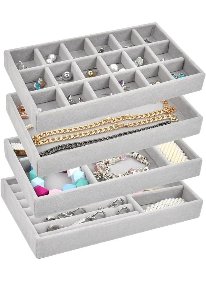 Large Stackable Velvet Jewelry Trays Organizer, Jewelry Storage Display Trays for Drawer, Earring Necklace Bracelet Ring Organizer, Set of 4 - Grey - Image 1