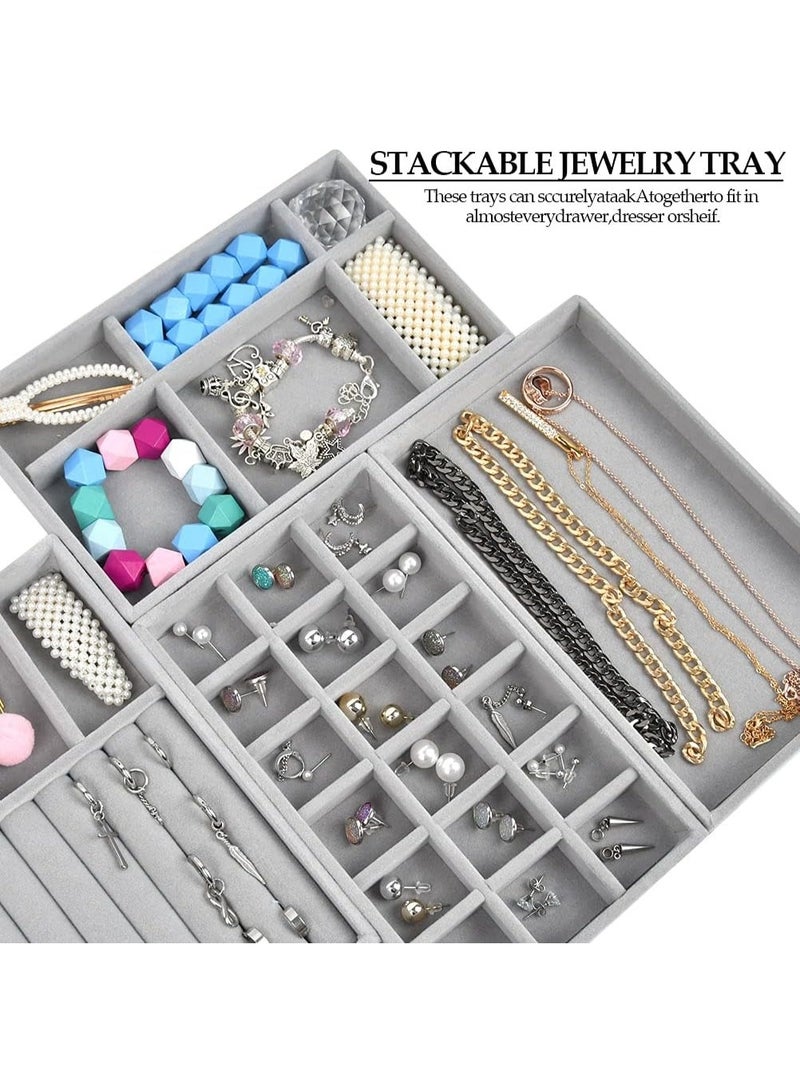 Large Stackable Velvet Jewelry Trays Organizer, Jewelry Storage Display Trays for Drawer, Earring Necklace Bracelet Ring Organizer, Set of 4 - Grey - Image 5