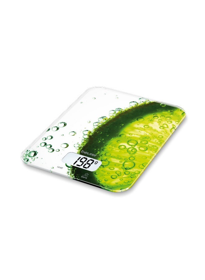 Beurer KS19: Elegant and compact kitchen scale with a stainless steel platform, large LCD display, and precise weight measurements up to 5 kg (11 lbs). - Image 1