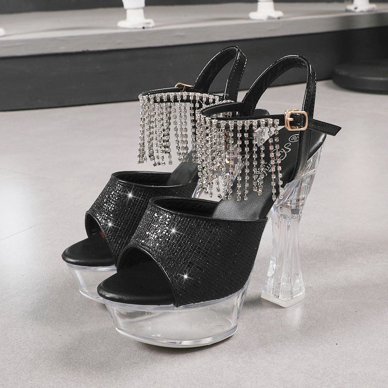 10365-37 Patent Leather 15Cm Special High Heels Stiletto Heel Rhinestone Waterproof Platform Hate Sky High Super High Sandals - Image 5