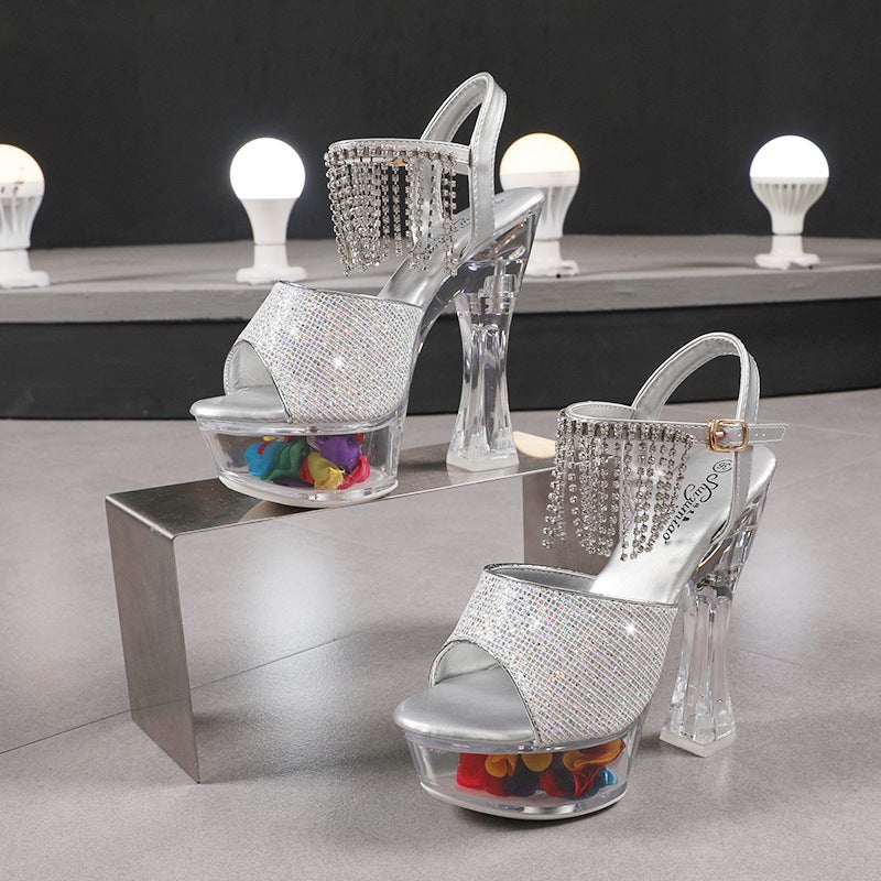 10365-37 Patent Leather 15Cm Special High Heels Stiletto Heel Rhinestone Waterproof Platform Hate Sky High Super High Sandals - Image 2