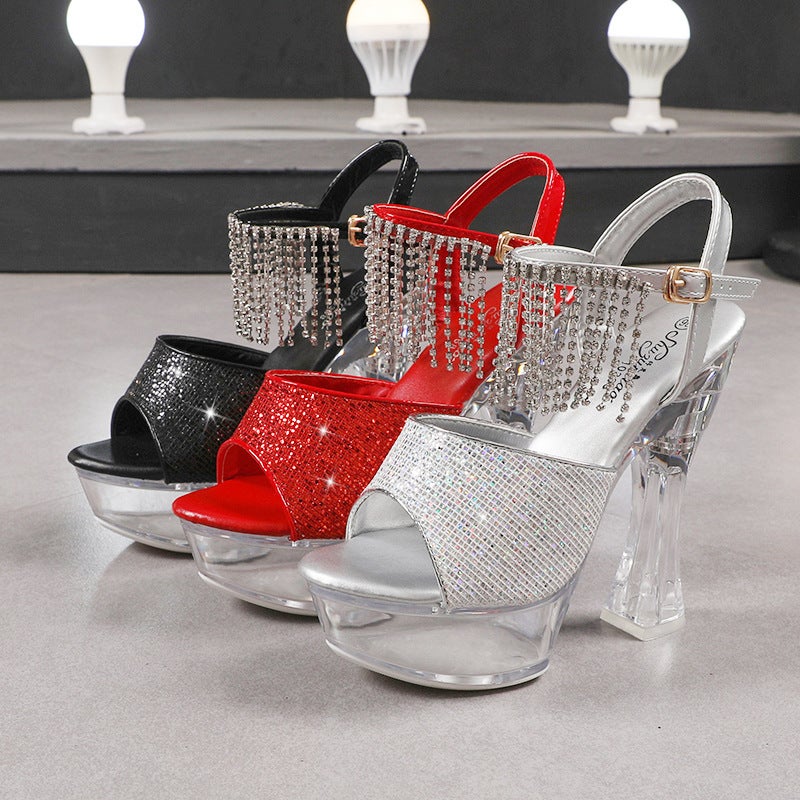 10365-37 Patent Leather 15Cm Special High Heels Stiletto Heel Rhinestone Waterproof Platform Hate Sky High Super High Sandals - Image 3