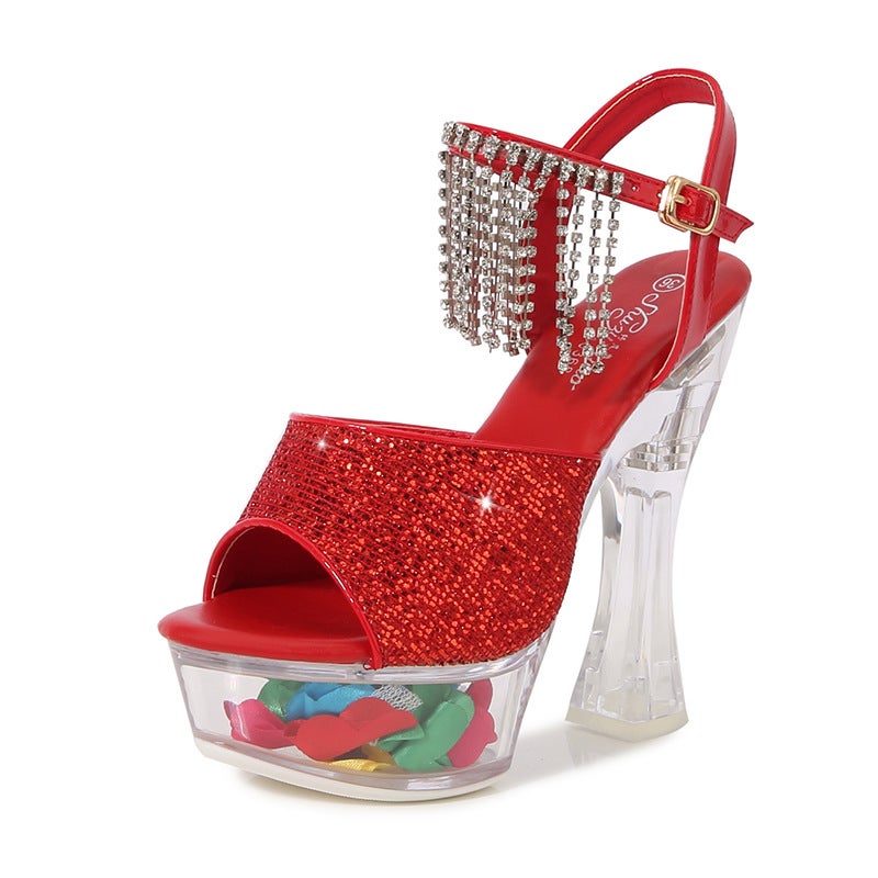 10365-37 Patent Leather 15Cm Special High Heels Stiletto Heel Rhinestone Waterproof Platform Hate Sky High Super High Sandals - Image 1