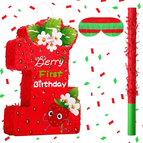 Soulchen Berry First Birthday Piata Party Decorations Strawberry Theme 1st Piata with Batting Stick Eye Mask and Confetti for Girls Boys Girls Boys Baby Shower Party Supplies - Image 1