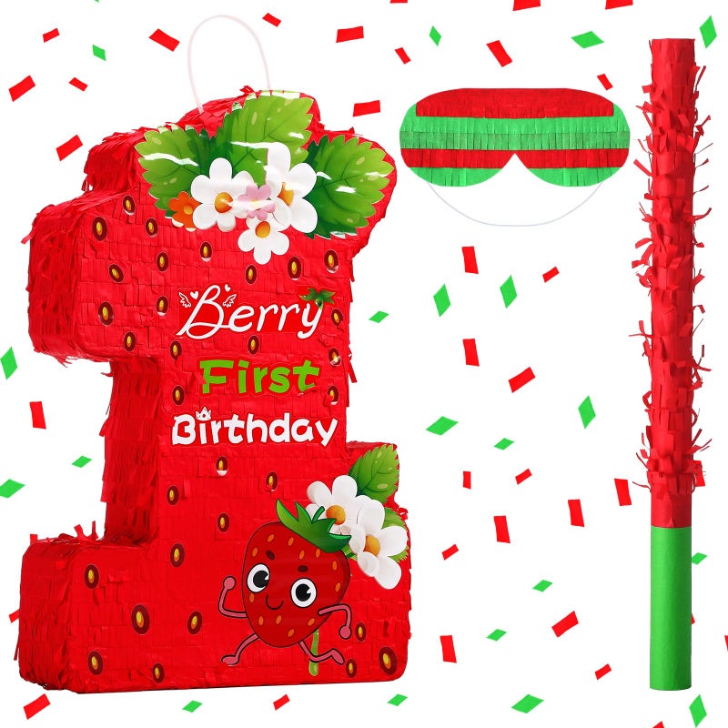 Soulchen Berry First Birthday Piata Party Decorations Strawberry Theme 1st Piata with Batting Stick Eye Mask and Confetti for Girls Boys Girls Boys Baby Shower Party Supplies - Image 3