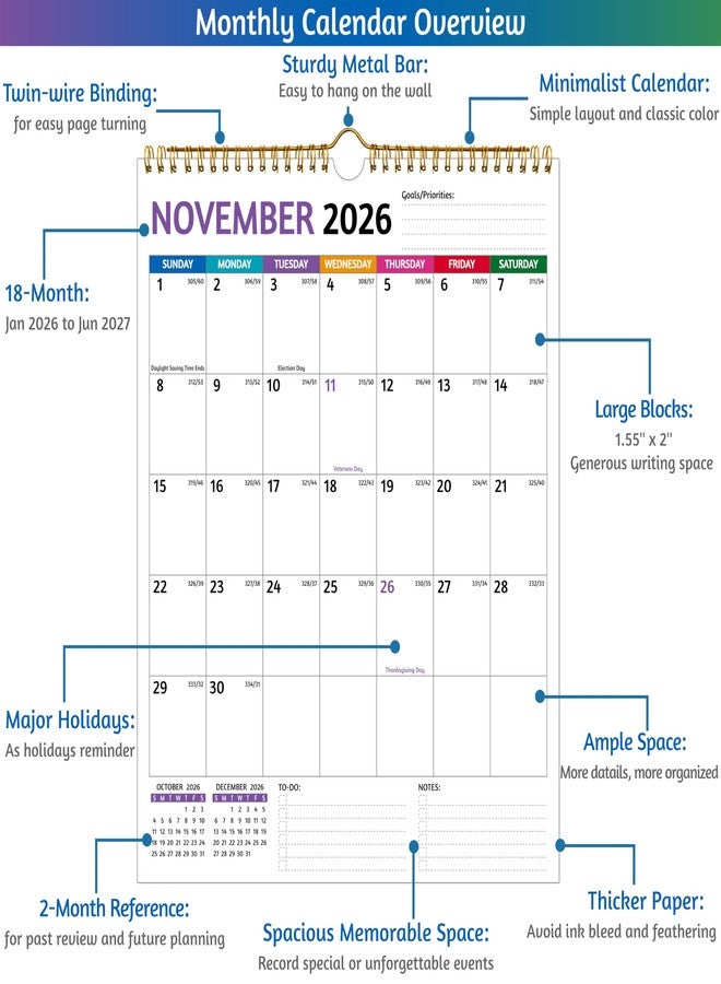 BowCuk Wall Calendar 2026-2027 - Calendar 2026-2027 Wall, Run Now to Jun 2027, 11.5 x 14.5 In, 2026 Calendar with Large Blocks, Thick Paper, Holidays, To-do ＆ Notes, Great for Organizing - Image 3