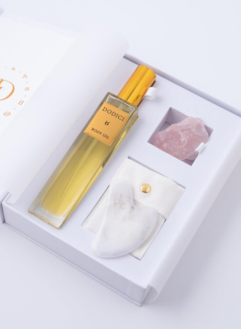 Dodici Gift Set Inspired by Your Zodiac Sign (Taurus) Silky and luxurious body oil made from ecological oils | Perfect for a Birthday Gift | Organic Body Oil & Natural ROSE QUARTZ Gift Set + Gua Sha - Image 4