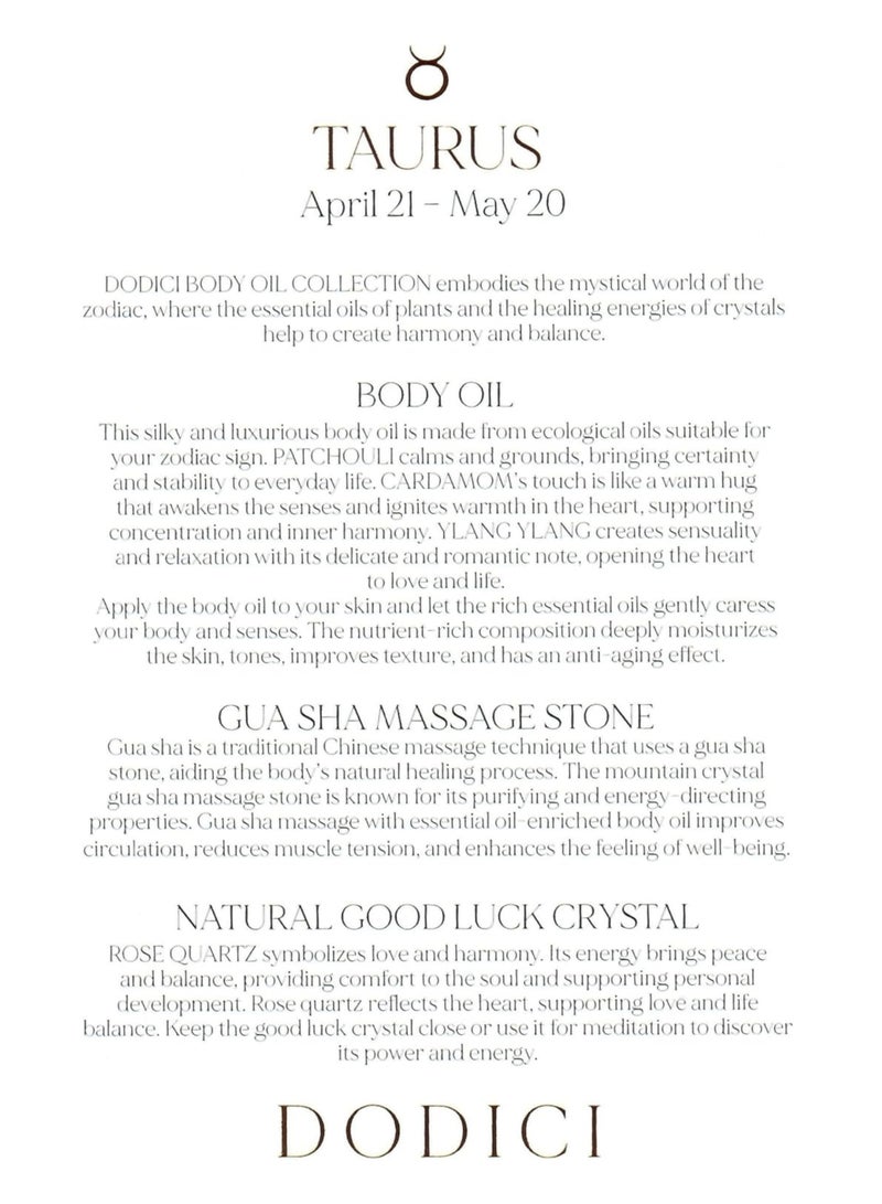 Dodici Gift Set Inspired by Your Zodiac Sign (Taurus) Silky and luxurious body oil made from ecological oils | Perfect for a Birthday Gift | Organic Body Oil & Natural ROSE QUARTZ Gift Set + Gua Sha - Image 3