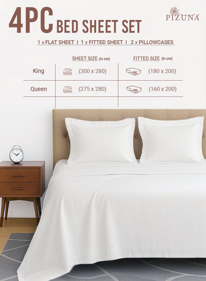 PIZUNA طقم ملاءات سرير من القطن الخالص الممشط بحجم كوين أبيض، 400 خيط فاخرة مريحة 100% قطن طويل التيلة بتقنية الساتين (1 ملاءة مسطحة، 1 ملاءة مشدودة، 2 غطاء وسادة) - Image 3