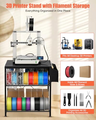 AHOWPD 3D Printer Stand with Filaments Storage - 3D Printer Table Filament Storage Rack Heavy Duty 3D Desk for Workshop Studio Office (Black) - Image 2