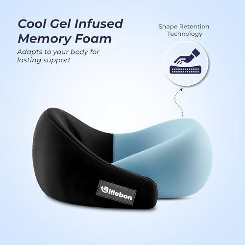 Billebon Gel Infused Memory Foam Neck Pillow, Travel Pillow with Adjustable Velcro Straps, Neck Pillow for Travelling & Flight Travel, Ergonomic Support for Comfort & Pain Relief (Black) - Image 2