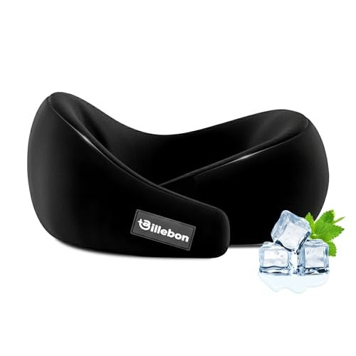 Billebon Gel Infused Memory Foam Neck Pillow, Travel Pillow with Adjustable Velcro Straps, Neck Pillow for Travelling & Flight Travel, Ergonomic Support for Comfort & Pain Relief (Black) - Image 1