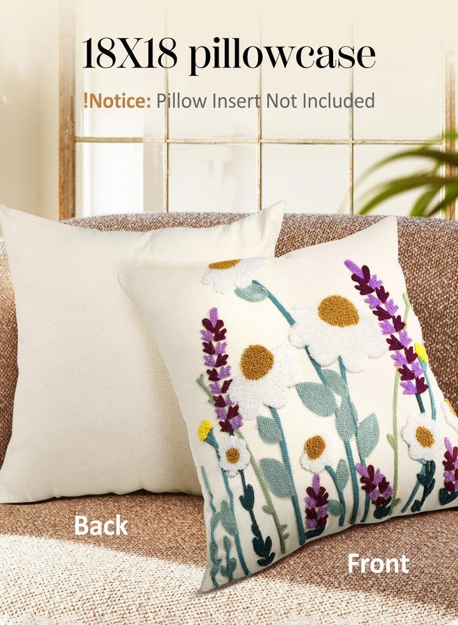 Kokaaee Embroidered Throw Pillow Covers - 18x18 Decorative Pillow Covers with Zipper Aesthetic Cute Design Boho Summer Linen Throw Pillowcases for Living Room Couch Sofa Bed, Wild Floral - Image 4