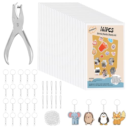 CRTWDMAN 161 Pcs Shrink Paper Keychain Kitwith 30 Pcs Shrinky Plastic Sheets 79x57Hole PunchLobster ClaspsJump Rings DIY Crafts for Adults and Teens - Image 1
