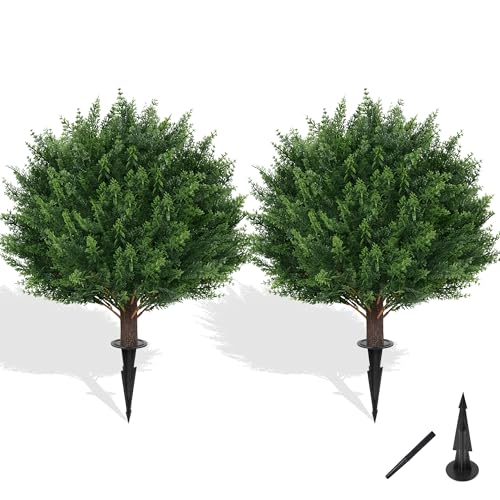 Grooy Artificial Cypress Topiary Tree with Ground Spike Set of 2 Artificial Shrub Bushes Fake Evergreen Tree for Porch Artificial Plants for Outdoor Planters Indoor UV Resistant - Image 1