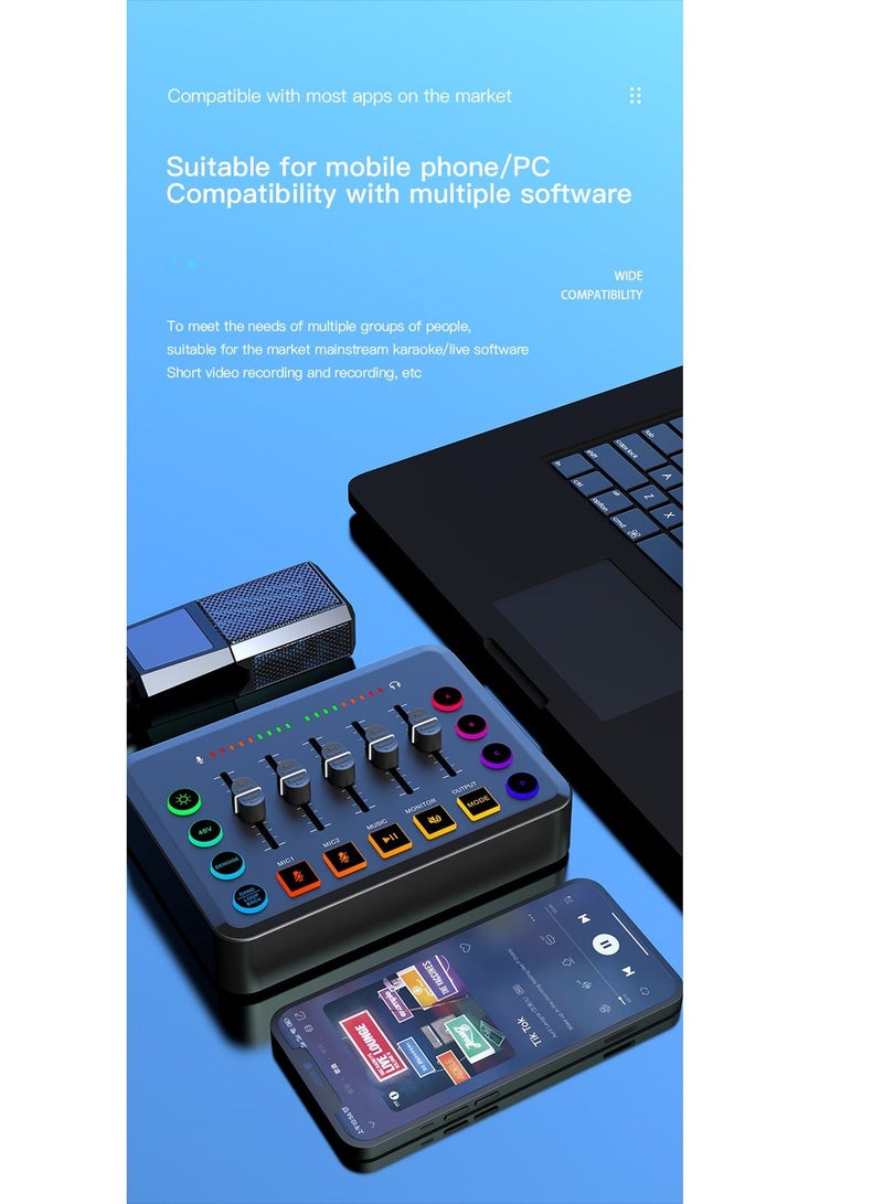 F9 Gaming Audio Mixer, Sound Card for Streaming, Streaming RGB PC Mixer with XLR Microphone Interface, Volume Fader, 48V Phantom Power, for Podcast/Recording/Game Voice/Youtube/TikTok/Vocal - Image 3