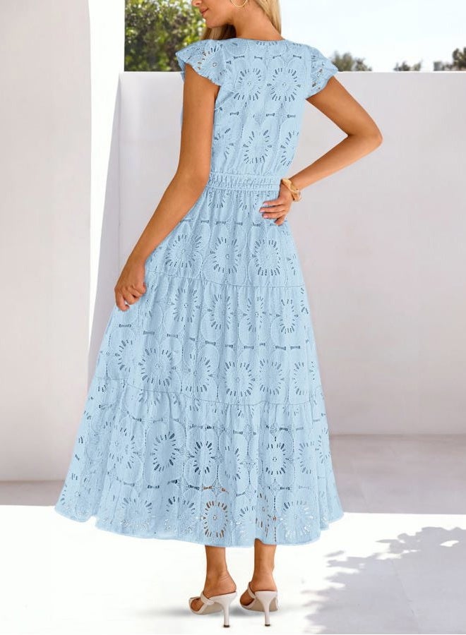 MEROKEETY Women's 2026 Spring Lace Eyelet Maxi Dress Summer Flutter Sleeve Tiered Boho Flowy Floral Wedding Guest Dresses, Blue, M - Image 4