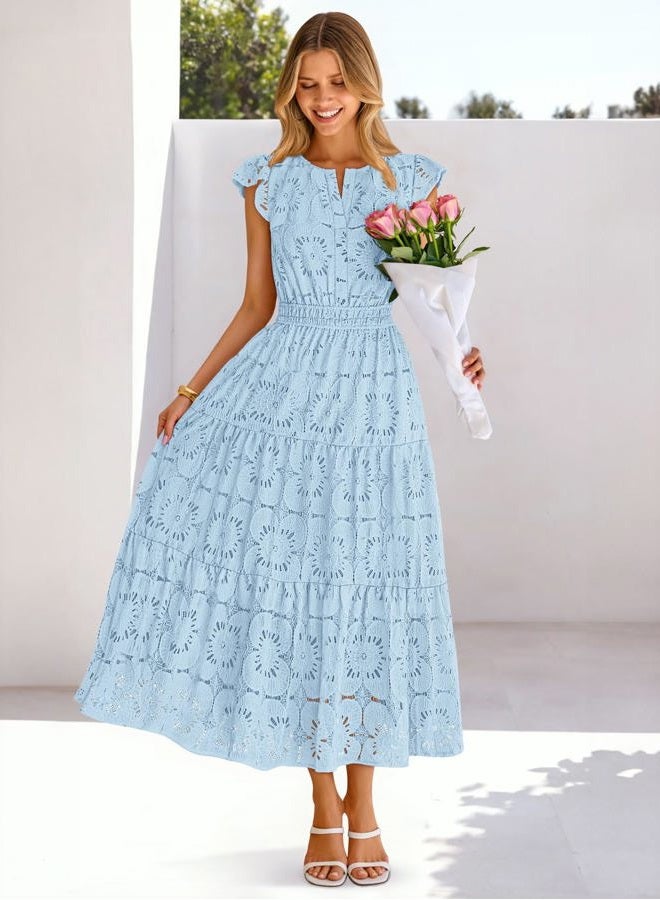 MEROKEETY Women's 2026 Spring Lace Eyelet Maxi Dress Summer Flutter Sleeve Tiered Boho Flowy Floral Wedding Guest Dresses, Blue, M - Image 3