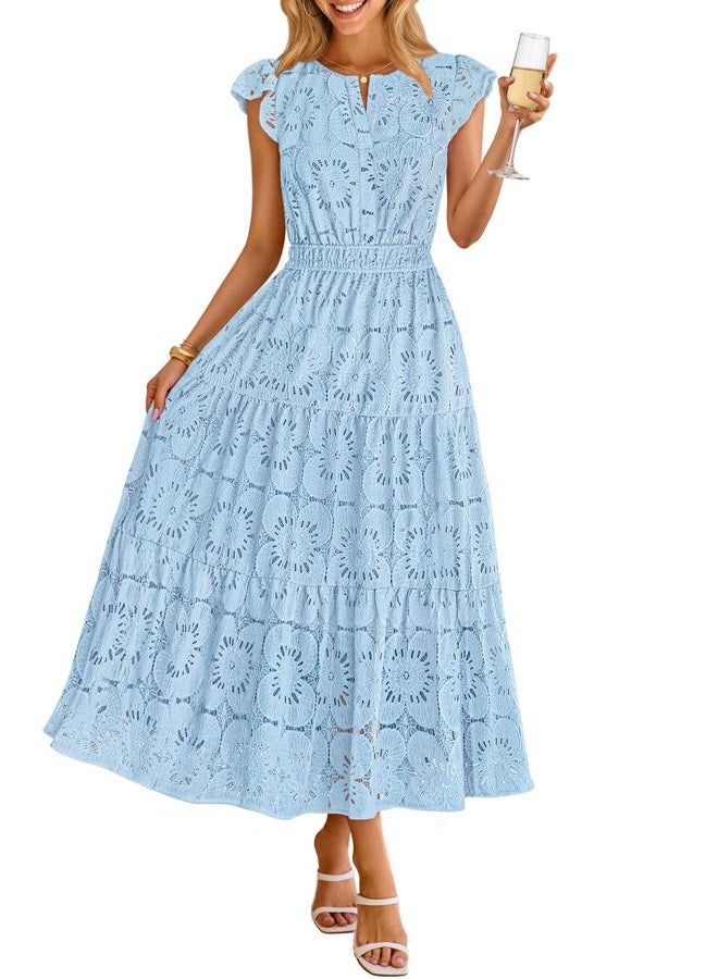 MEROKEETY Women's 2026 Spring Lace Eyelet Maxi Dress Summer Flutter Sleeve Tiered Boho Flowy Floral Wedding Guest Dresses, Blue, M - Image 1