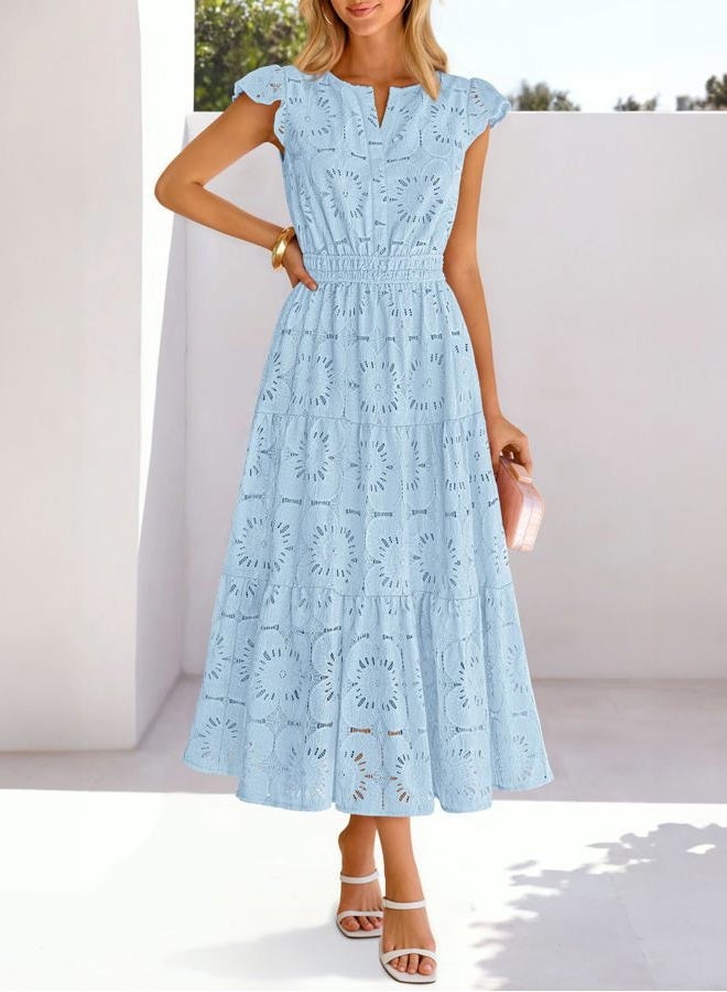 MEROKEETY Women's 2026 Spring Lace Eyelet Maxi Dress Summer Flutter Sleeve Tiered Boho Flowy Floral Wedding Guest Dresses, Blue, M - Image 2