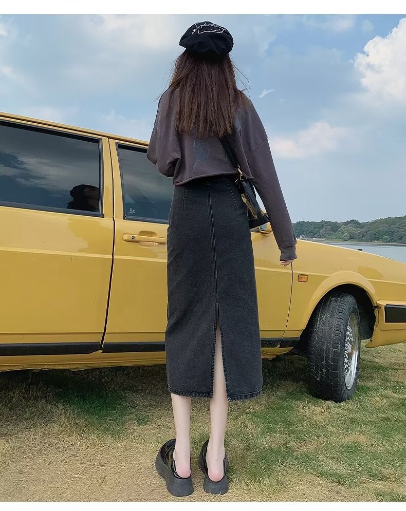 High Waist Split Denim Skirt Womens 2024 Summer New Slim A- Line Half Skirt Retro Sheath Long Skirt Black  - Image 1