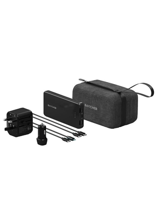 RAVPOWER 10000 mAh RAVPOWER 5-in-1 Travel Charging Combo, 10000mAh Power Bank, 20W 3-Port Travel Charger, Car Charger, 2 Charging Cable Black - Image 1