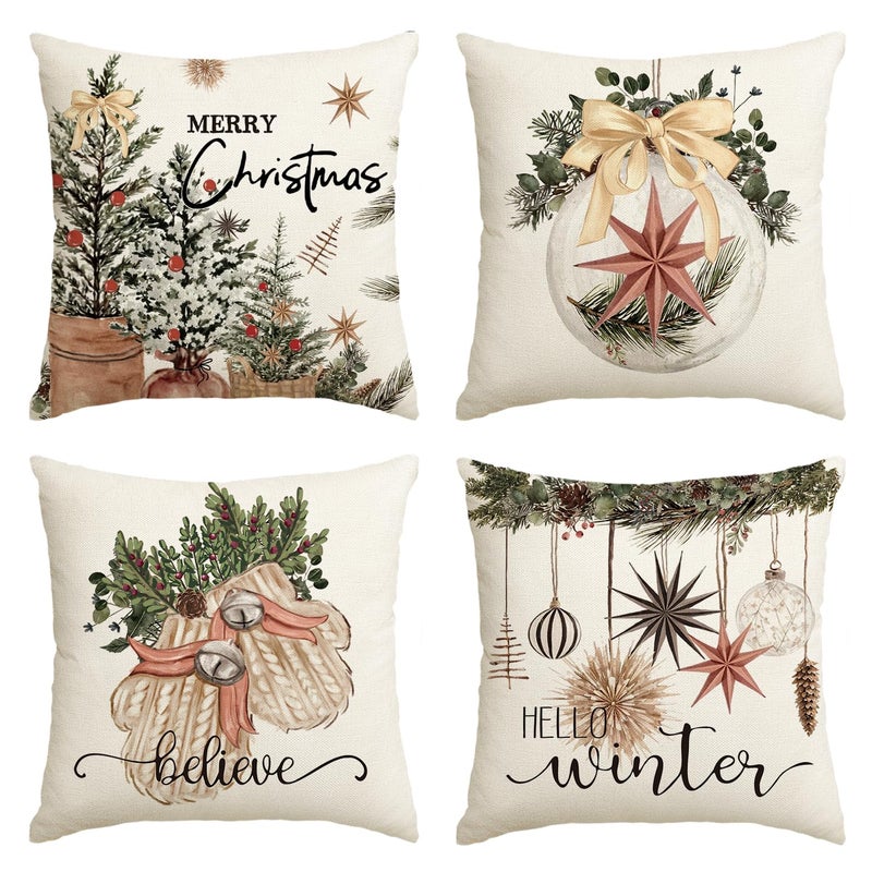 AVOIN colorlife AVOIN colorlife Merry Christmas Balls Eucalyptus Holly Berries Gloves Throw Pillow Covers  20 x 20 Inch Xmas Winter Holiday Cushion Case Decoration for Sofa Couch Set of 4  - Image 1