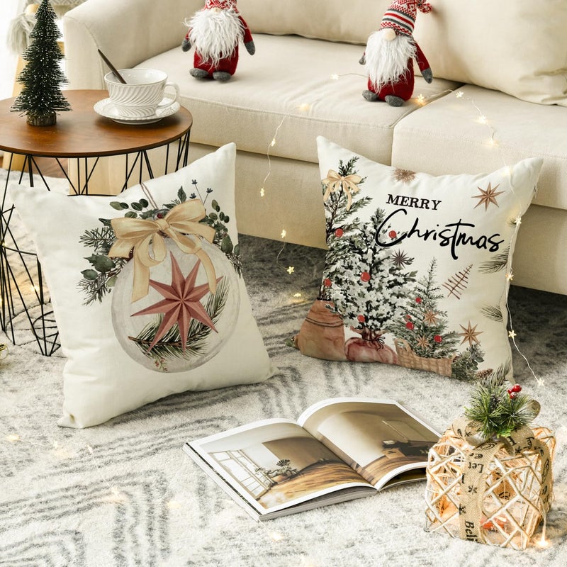 AVOIN colorlife AVOIN colorlife Merry Christmas Balls Eucalyptus Holly Berries Gloves Throw Pillow Covers  20 x 20 Inch Xmas Winter Holiday Cushion Case Decoration for Sofa Couch Set of 4  - Image 4