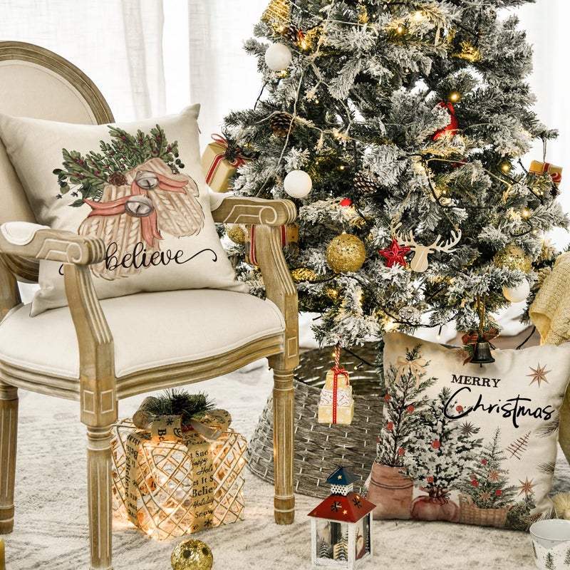 AVOIN colorlife AVOIN colorlife Merry Christmas Balls Eucalyptus Holly Berries Gloves Throw Pillow Covers  20 x 20 Inch Xmas Winter Holiday Cushion Case Decoration for Sofa Couch Set of 4  - Image 3