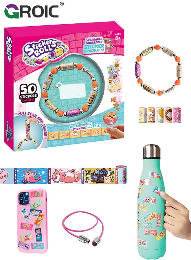 GROIC Wearable & Shareable Sticker Bracelet, Includes 50 Mini Stickers, 1 Mystery Reveal Sticki Rolls, 4 Stickers Roll, 1 Bracelet Cord with Clasps, Friendship Bracelet Toys for kids - Image 1