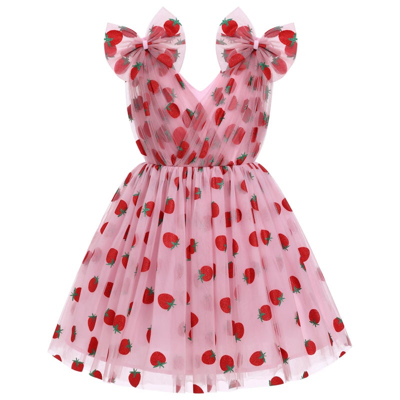IMEKIS Fairy Dress for Girls: 5th 6th Birthday Outfit Cake Smash Wedding Guest Kids Toddler Graduation Princess Sparkly Strawberry Tulle Tutu Tea Party Formal Pageant Short Gown Pink Berry 5-6 Years - Image 1