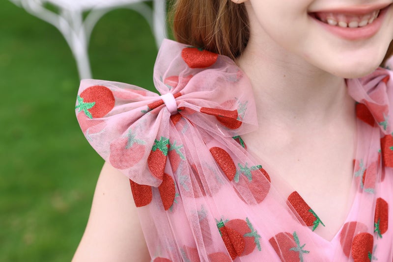 IMEKIS Fairy Dress for Girls: 5th 6th Birthday Outfit Cake Smash Wedding Guest Kids Toddler Graduation Princess Sparkly Strawberry Tulle Tutu Tea Party Formal Pageant Short Gown Pink Berry 5-6 Years - Image 3
