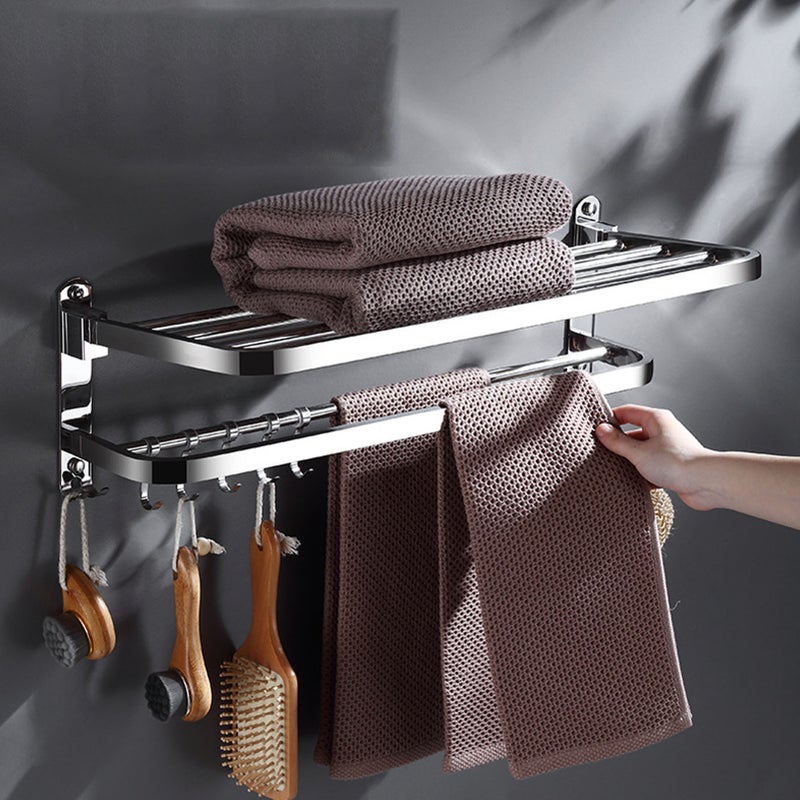 Double Towel Rack Foldable Adhesive 304 Stainless Steel Wall Towel Shelf with Hooks for Bathroom - Image 5