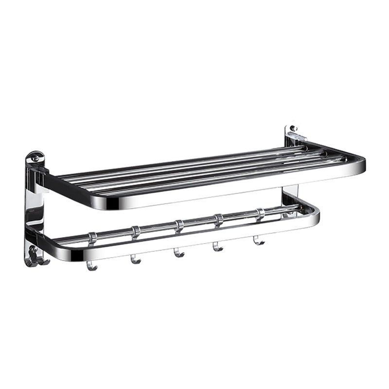 Double Towel Rack Foldable Adhesive 304 Stainless Steel Wall Towel Shelf with Hooks for Bathroom - Image 1