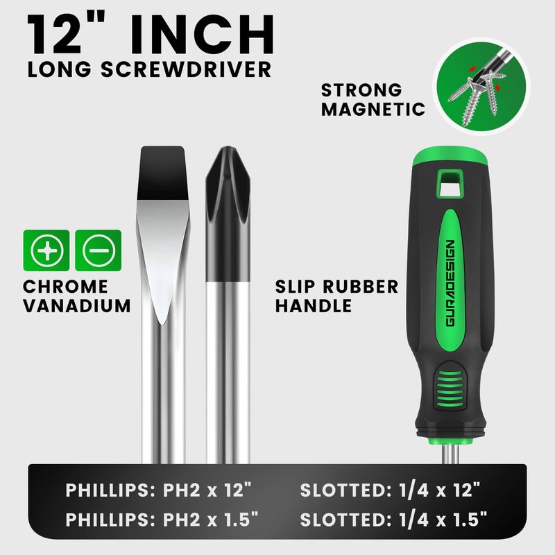 GURADESIGN 4-Piece 12" Long Screwdriver Set Slotted and Phillips, Long & Short Magnetic Screwdriver Set - Image 5